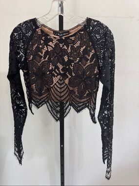 For Love And Lemons Black Floral Lace Long Sleeve Crop Top with Nude Lining
